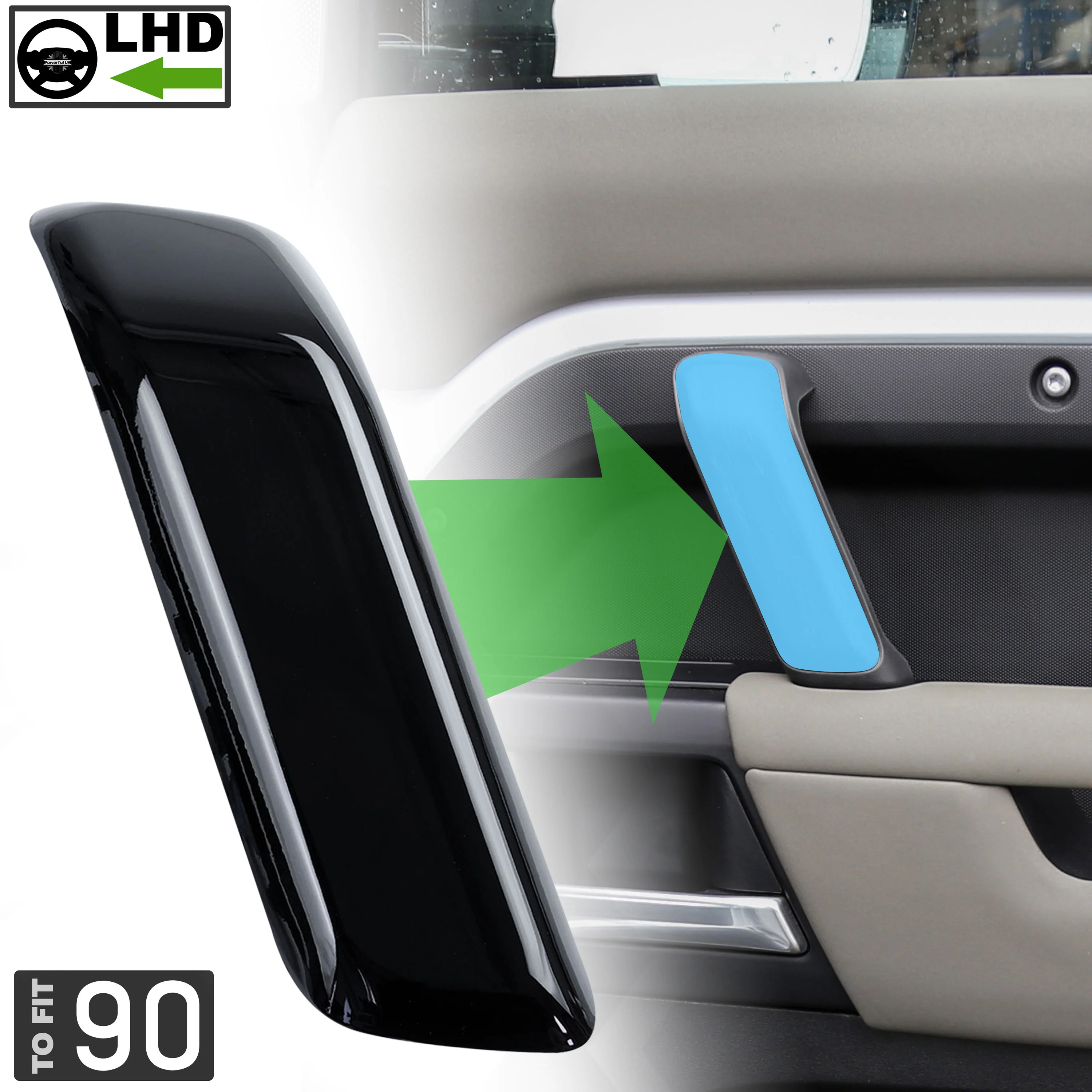 3pc Gloss Black Interior Trim Kit (Centre console & door pull) for Land Rover Defender 90 - LHD - Image 5