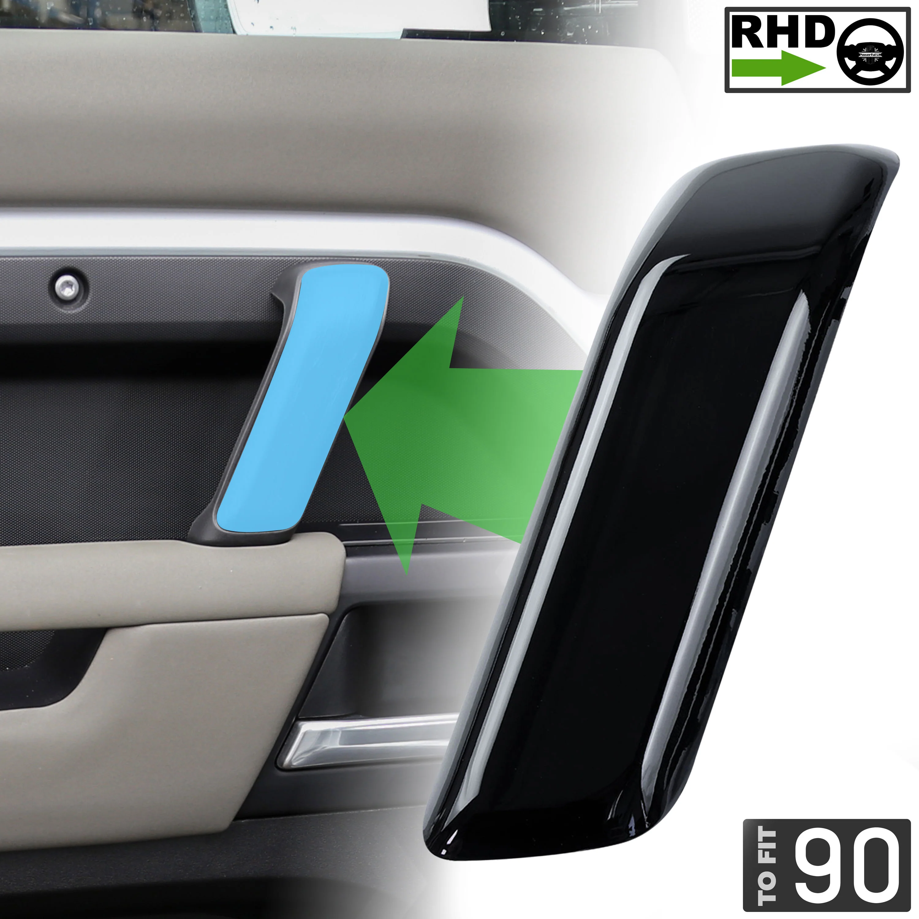 3pc Gloss Black Interior Trim Kit (Centre console & door pull) for Land Rover Defender 90 - RHD - Image 5