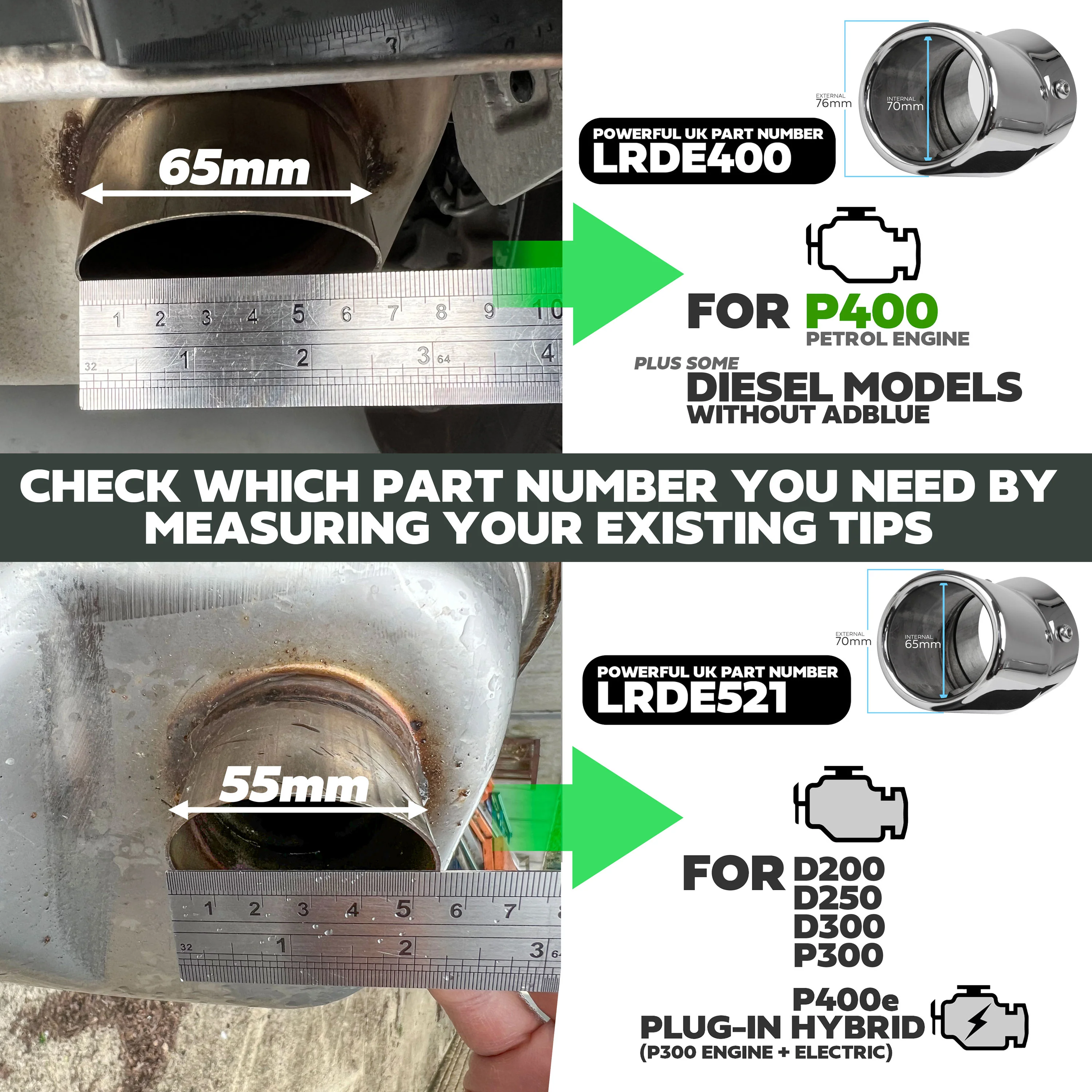 Exhaust Tips for Land Rover Defender L663 (for 65mm exhaust) - Stainless - Image 3